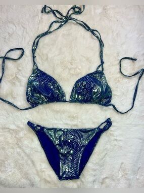 Vintage Sauvage California Metallic Blue Snakeskin Rare Glam Y2K Bikini Set M